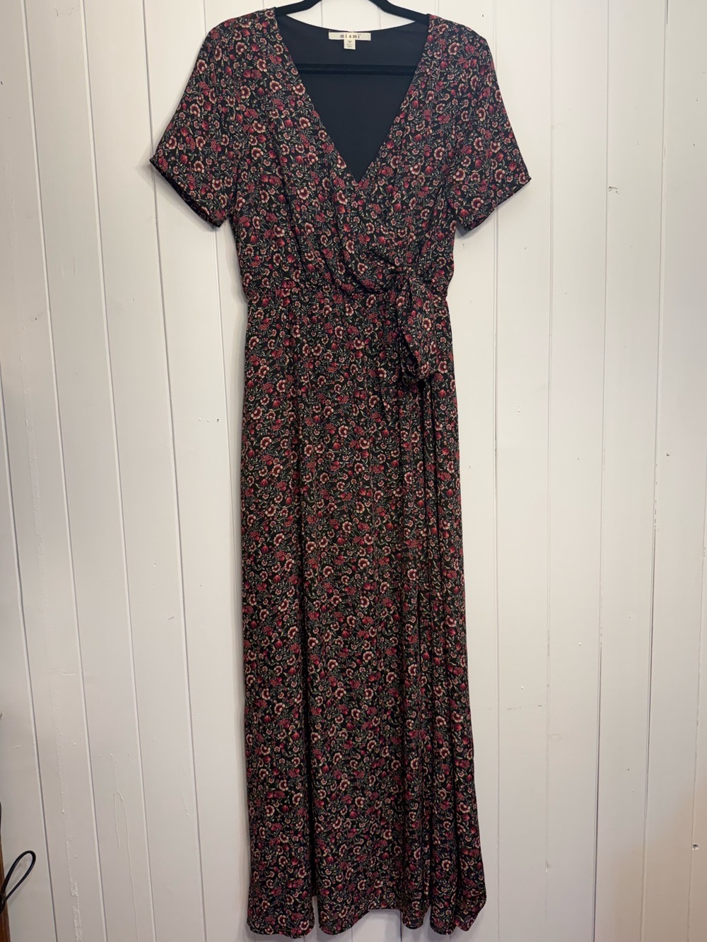 Francesca's Collections Black Floral Wrap Maxi Dress with Pink Accents